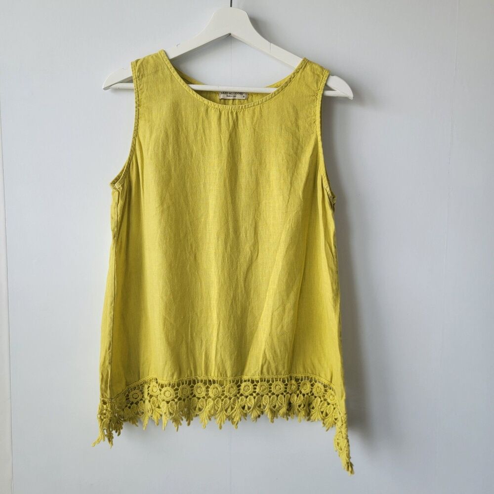 TERZO‎ MILLENNIO women's 100% Linen tank Top size S Crochet Hem Eyelet